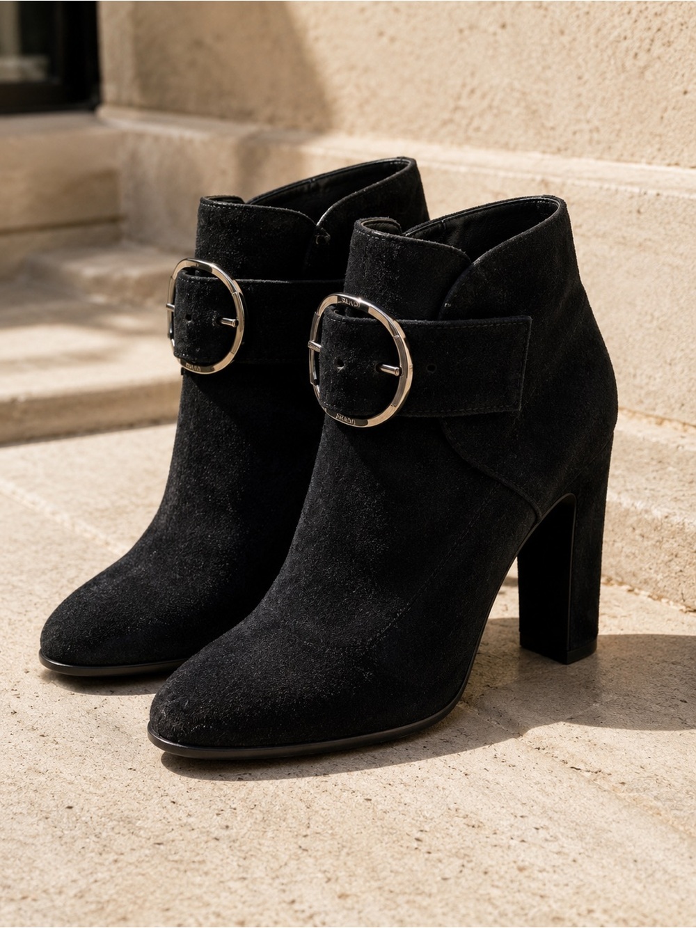 Prada Black Suede Ankle Boots Silver Buckle Block Heel EU 38.5 / US 8